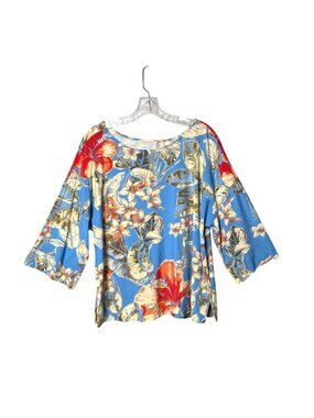 Soft Surroundings Women's Blue Floral Tropical 3/4 Sleeve Rayon Blend Top Size L